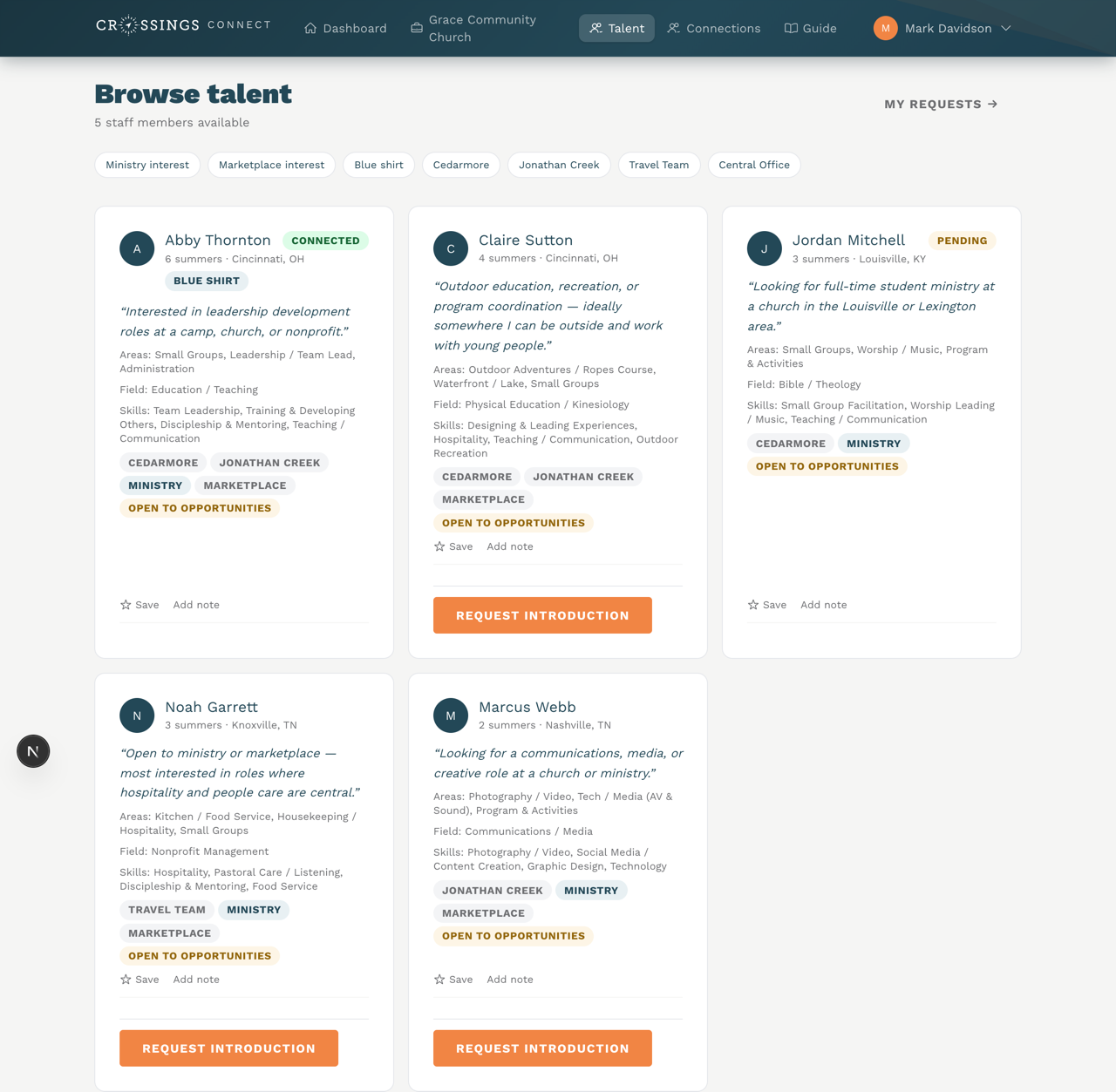 Browse talent with candidate cards