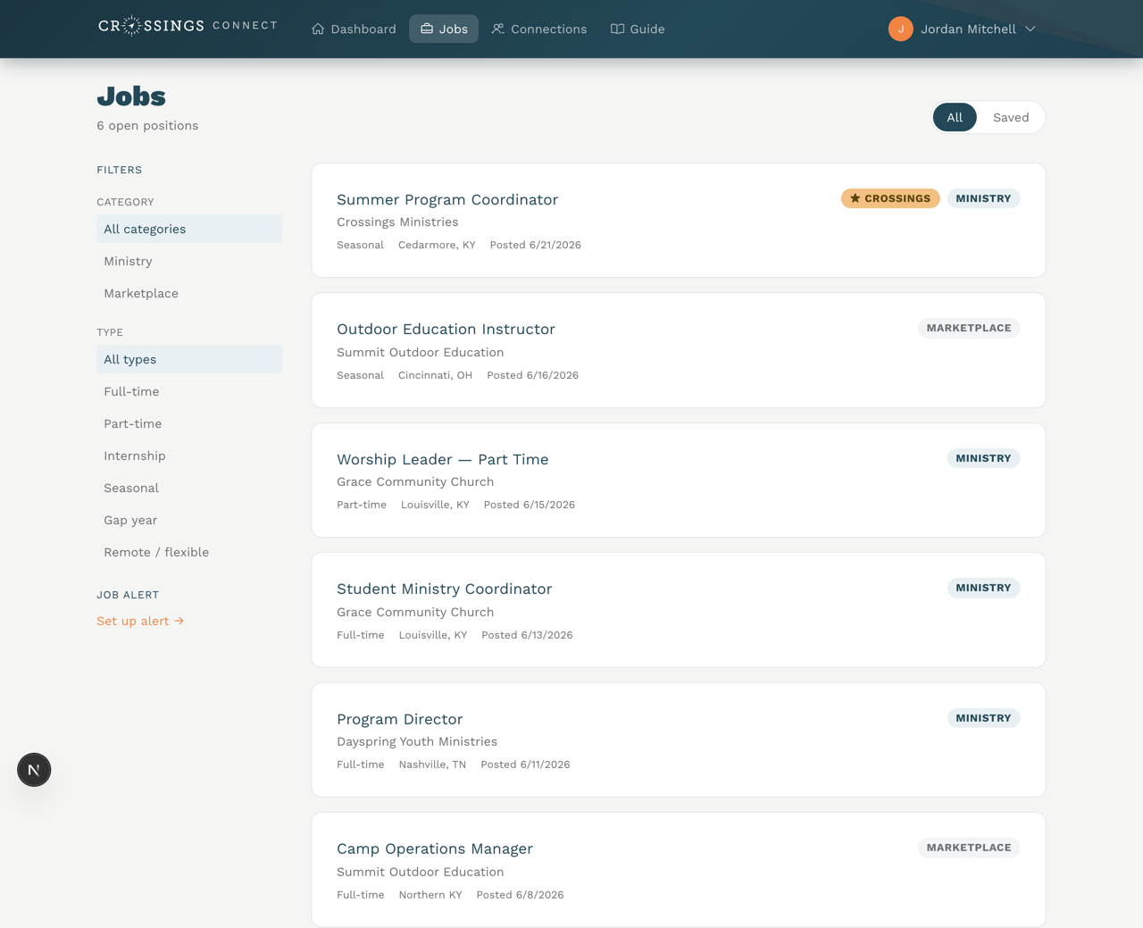Job board with a highlighted Crossings job