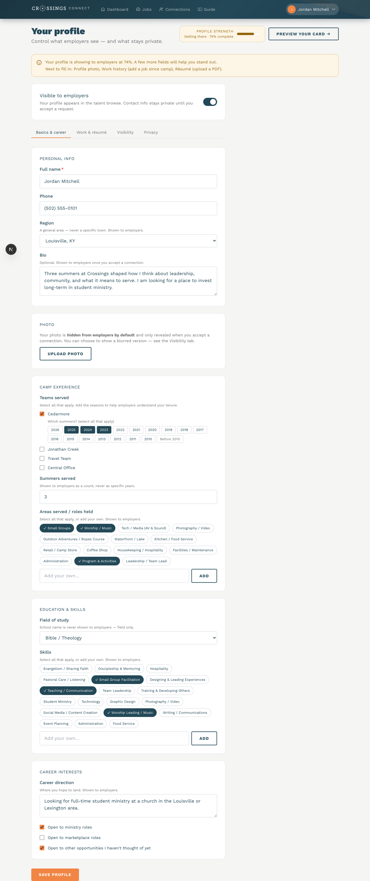 Profile page with the Visible/Hidden toggle